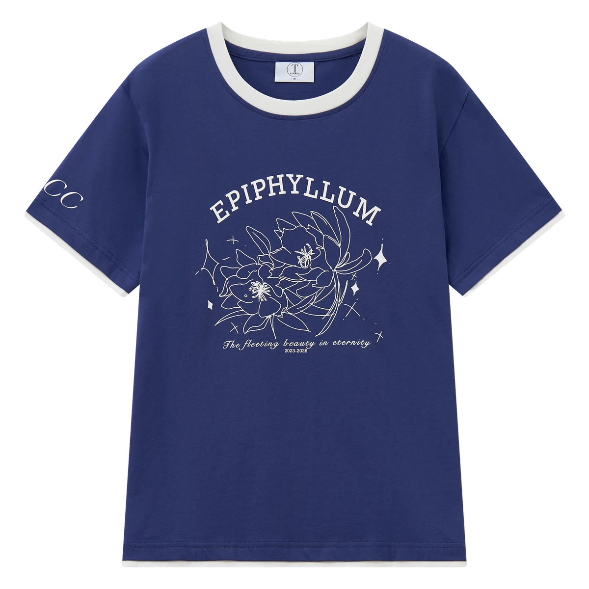 深藍色撞邊 T-Shirt，白色領邊袖邊，前幅曇花線稿印花（自家實拍）